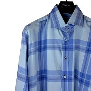 NWOT THOMAS DEAN Men's Blue Plaid %100 Pima Cotton Dress Shirt Size XL
